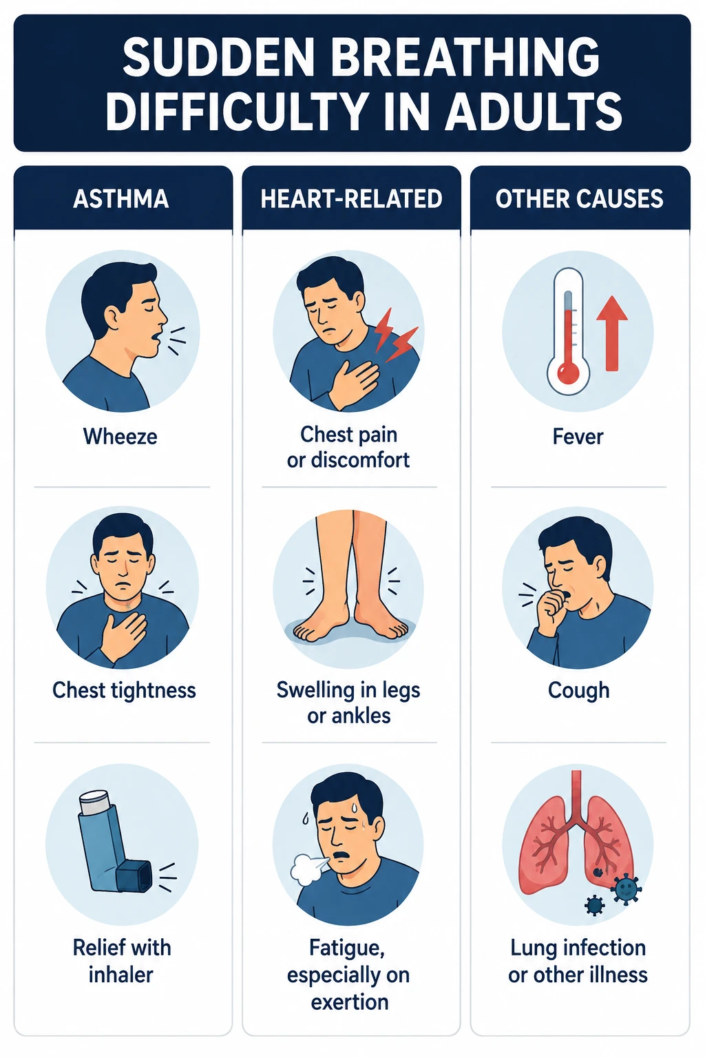 Infographic comparing asthma, heart-related, and other causes of sudden breathing difficulty in adults