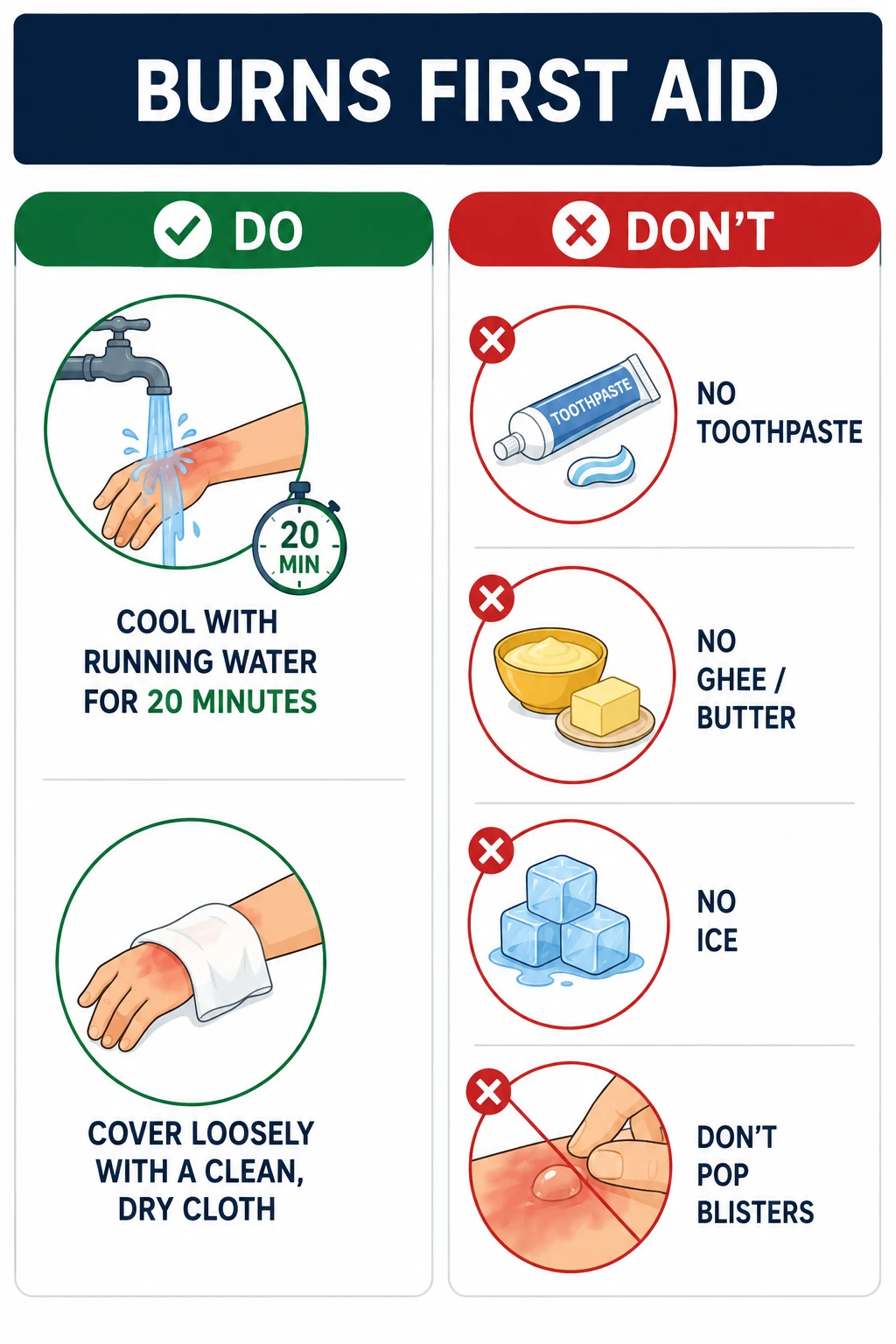 Do and don't infographic for burns first aid, including why toothpaste and ghee should never be used