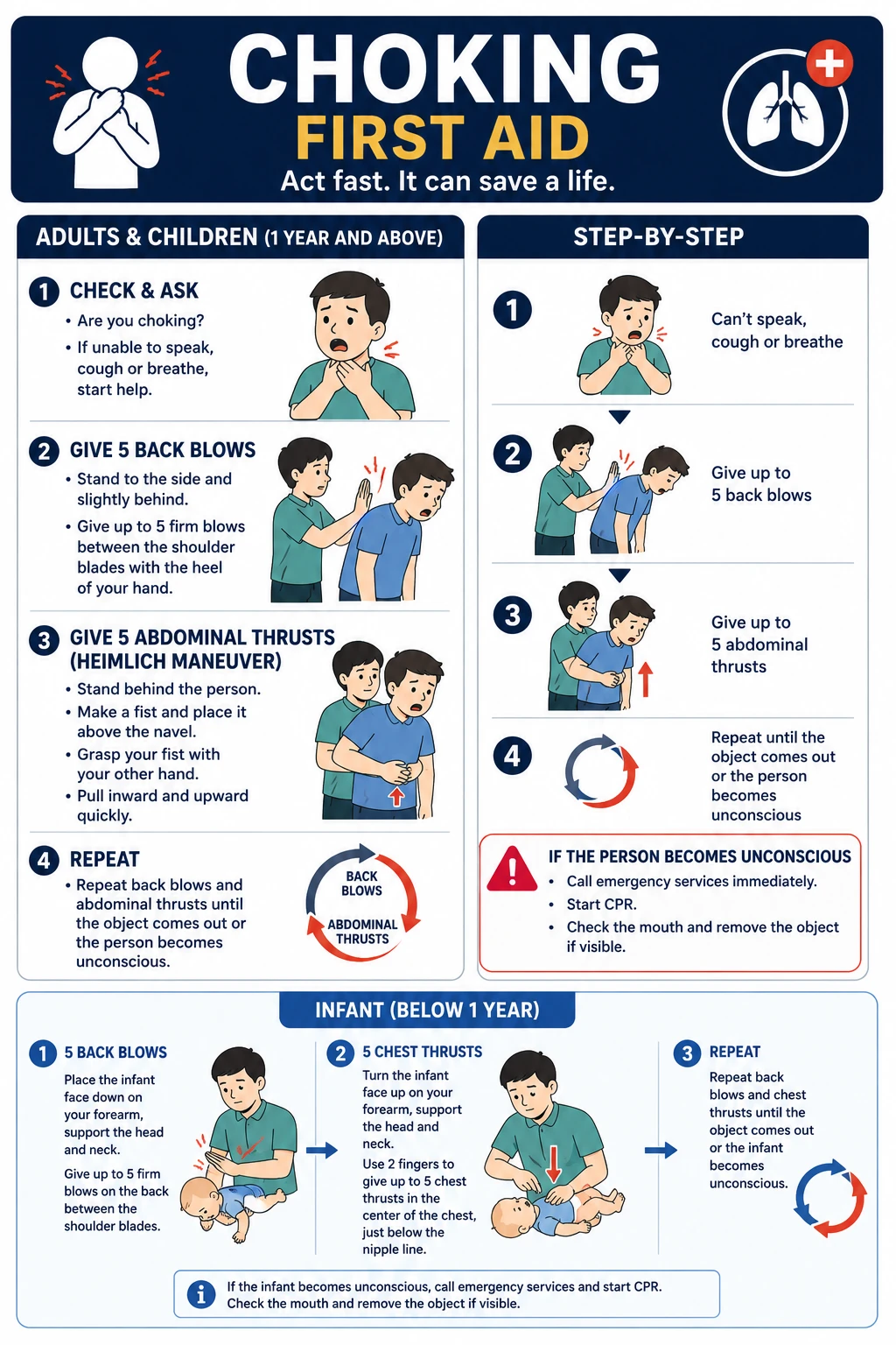 Step by step infographic showing back blows and abdominal thrusts for choking first aid, with separate infant technique