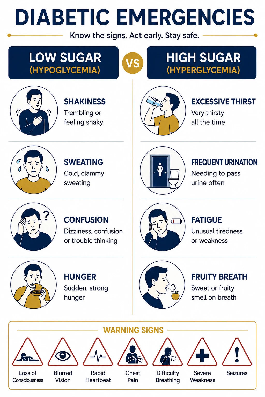 Comparison infographic of low blood sugar versus high blood sugar diabetic emergency symptoms