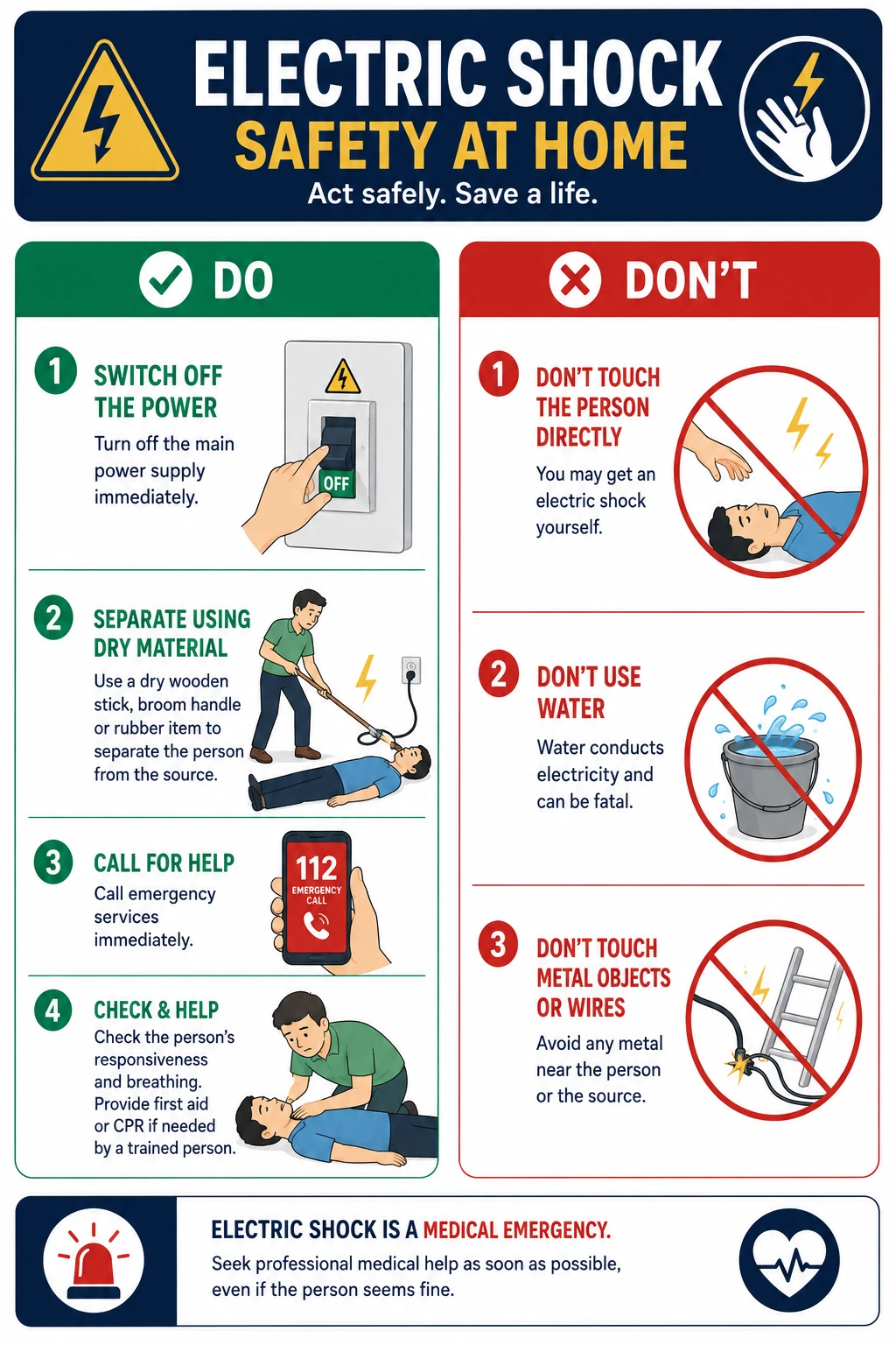 Do and don't infographic for electric shock first response at home