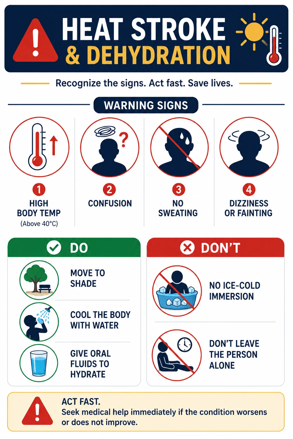 Warning signs and first aid infographic for heat stroke and severe dehydration