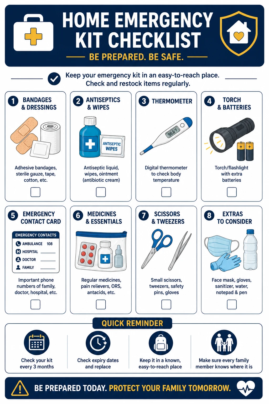 Checklist infographic of essential items for a home emergency kit