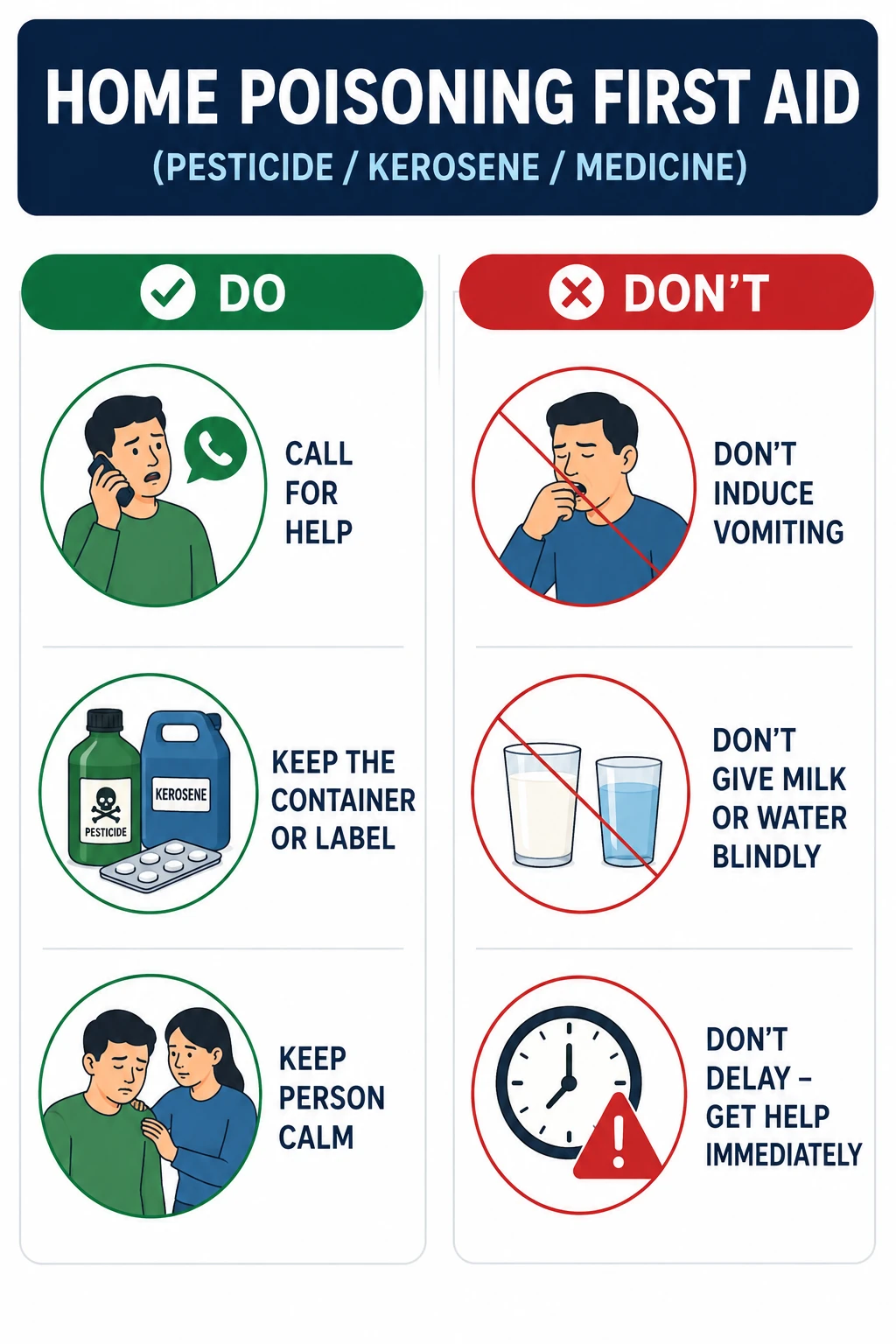 Do and don't infographic for home poisoning first aid involving pesticides, kerosene, and medicines