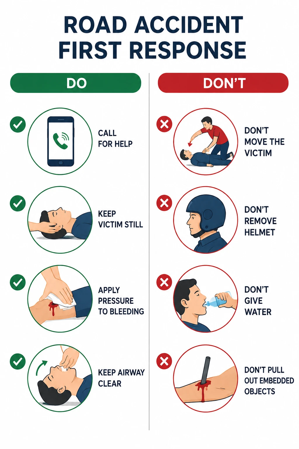 Road accident first response infographic showing what bystanders should and should not do