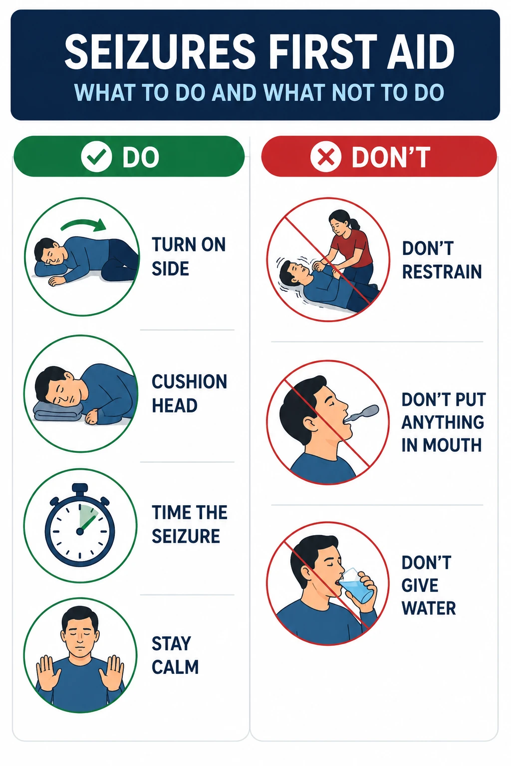 Do and don't infographic for seizure and fit first aid