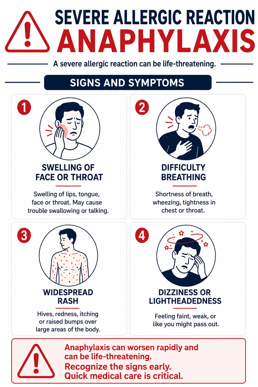 Warning signs infographic for anaphylaxis and severe allergic reactions