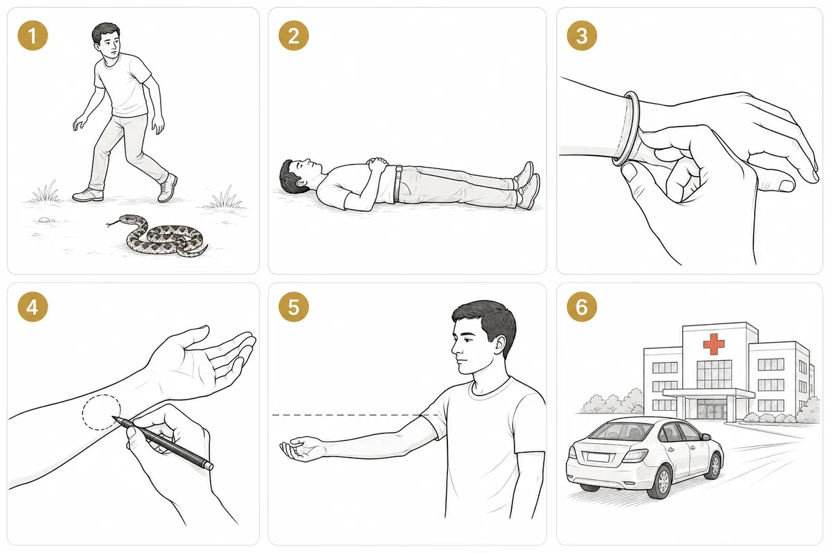 Correct snake bite first aid in six steps: move away, lie still, remove tight items, mark swelling, keep limb low, reach hospital