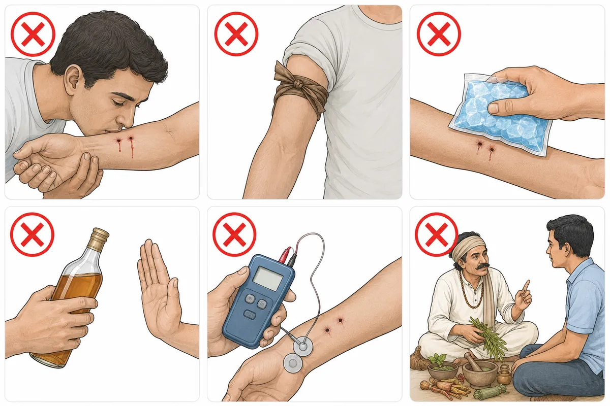 Six dangerous snake bite actions to never do: cut and suck the wound, tourniquet, ice, applying substances, electric shock, visiting a traditional healer